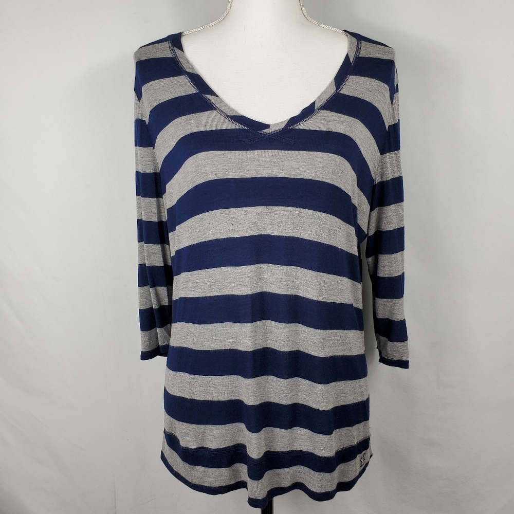 New York & Co. Navy and Gray Striped V Neck Top